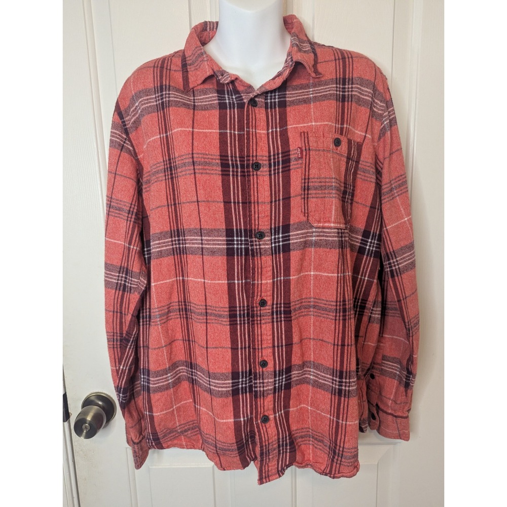Levis Mens Orange Red Black Plaid Flannel Button Down Shirt Medium